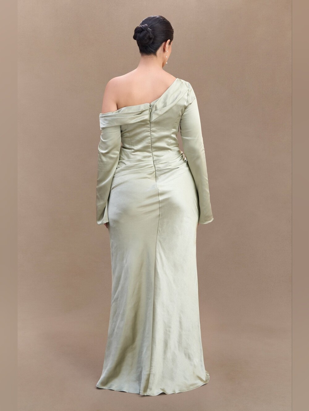 Meshki Iris Maxi Dress - Sage Satin One-Shoulder Long Sleeve XL NWT $259 - Picture 7 of 12